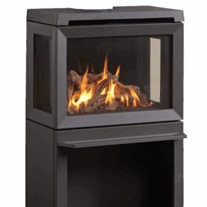 A lit Jotul GF 520 DV IPI free standing gas stove on a white background.