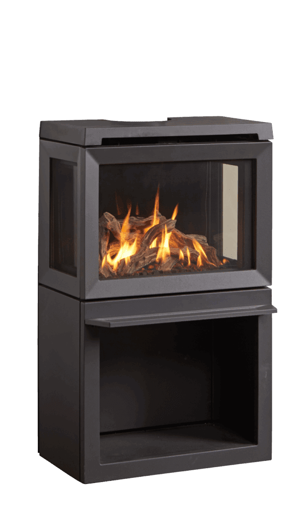 A lit Jotul GF 520 DV free standing gas stove on a white background