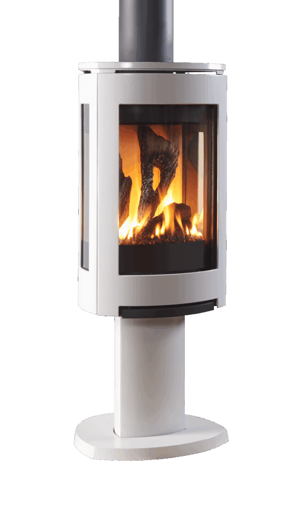 A lit Jotul GF 370 DV free standing gas stove in white, on a white background.